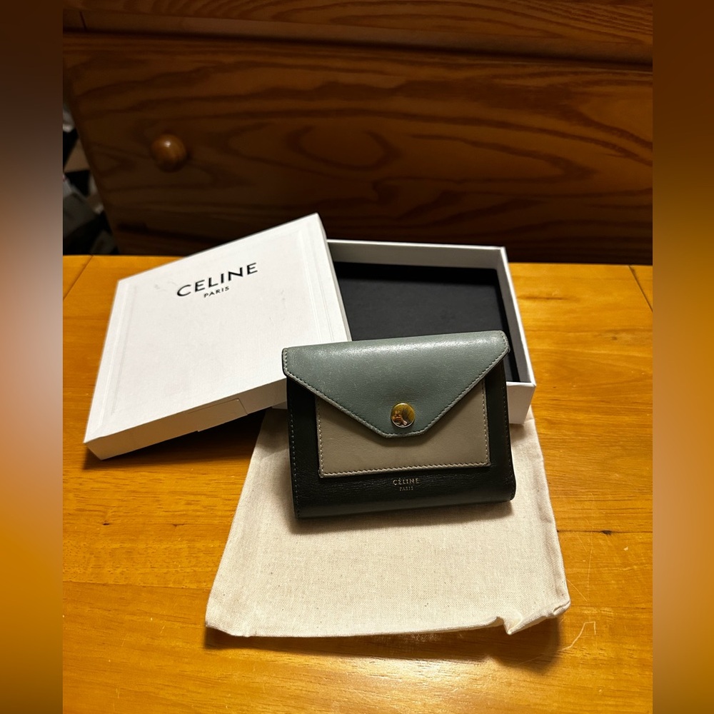 Celine Green & Gray Leather Colorblock Envelope Style Compact Wallet with Box